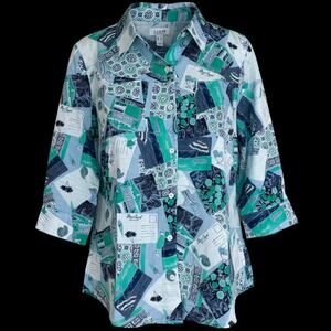 Denim & Co. Printed Cotton Linen Button Down 3/4 Sleeve Shirt Blue Multi XS NWOT